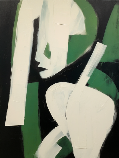 Abstract Green and White Figure – Modern Minimalist Oil Painting for Contemporary Home Decor