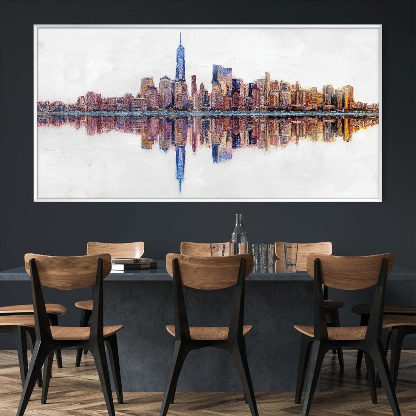 Serene Reflections of NYC Skyline Oil Painting for Modern Home Decor