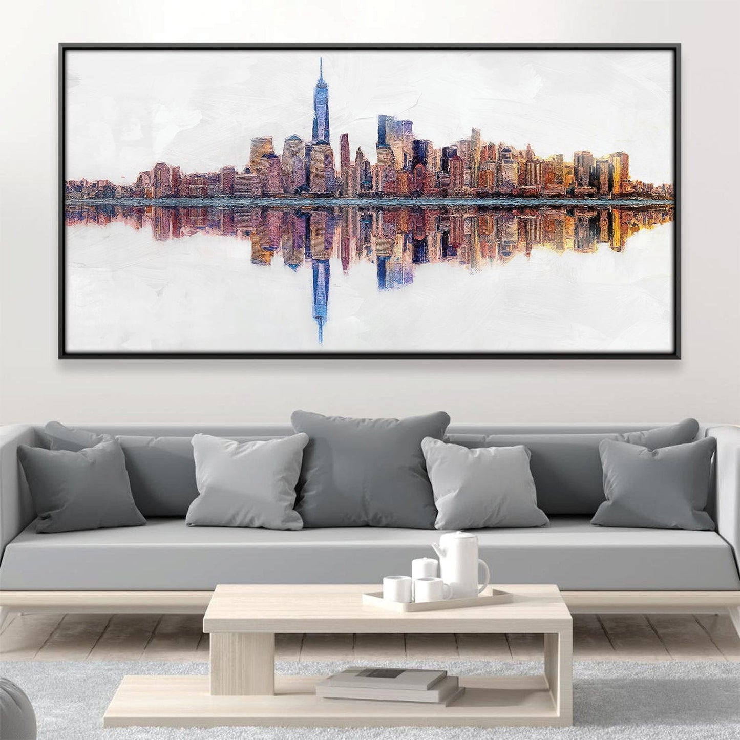 Serene Reflections of NYC Skyline Oil Painting for Modern Home Decor