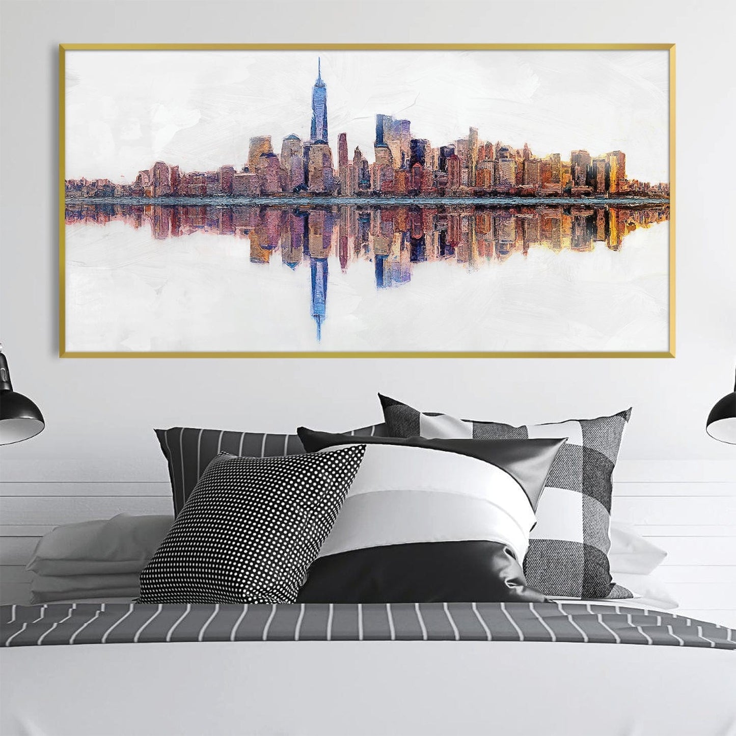 Serene Reflections of NYC Skyline Oil Painting for Modern Home Decor