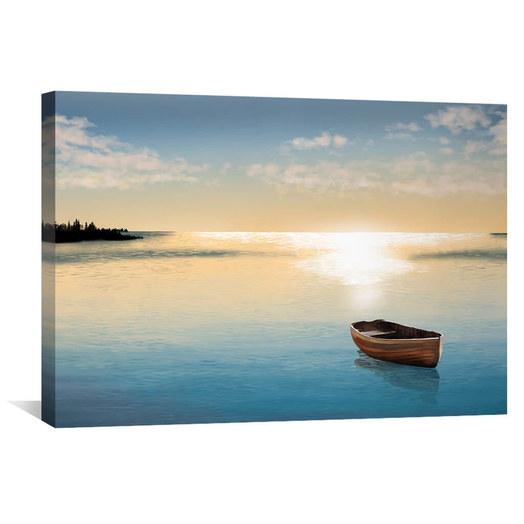 Serene Waterscape with Rowboat and Reflection in Oil Painting