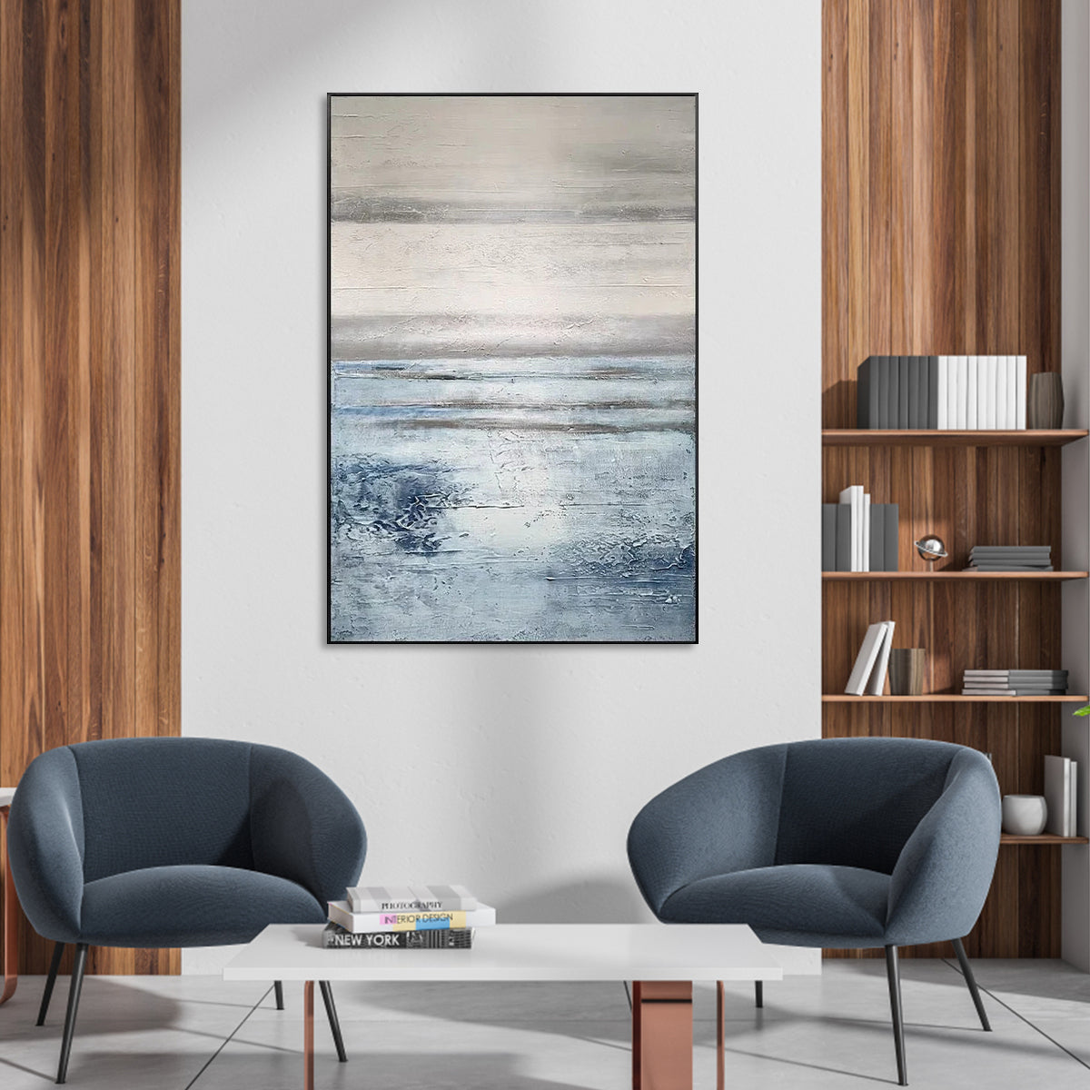 Serene Coastal Horizon: Tranquil Blue and White Abstract Oil Painting