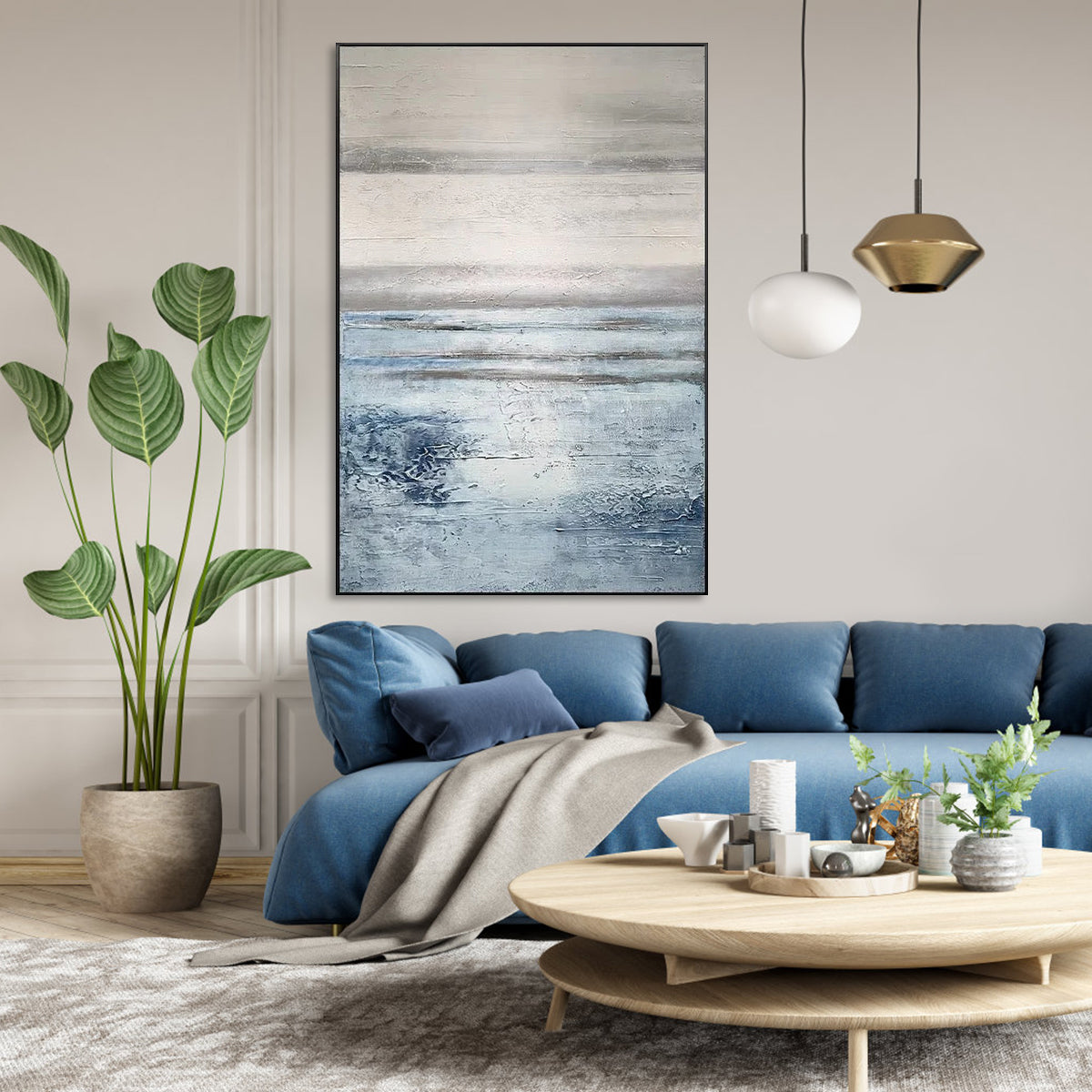 Serene Coastal Horizon: Tranquil Blue and White Abstract Oil Painting