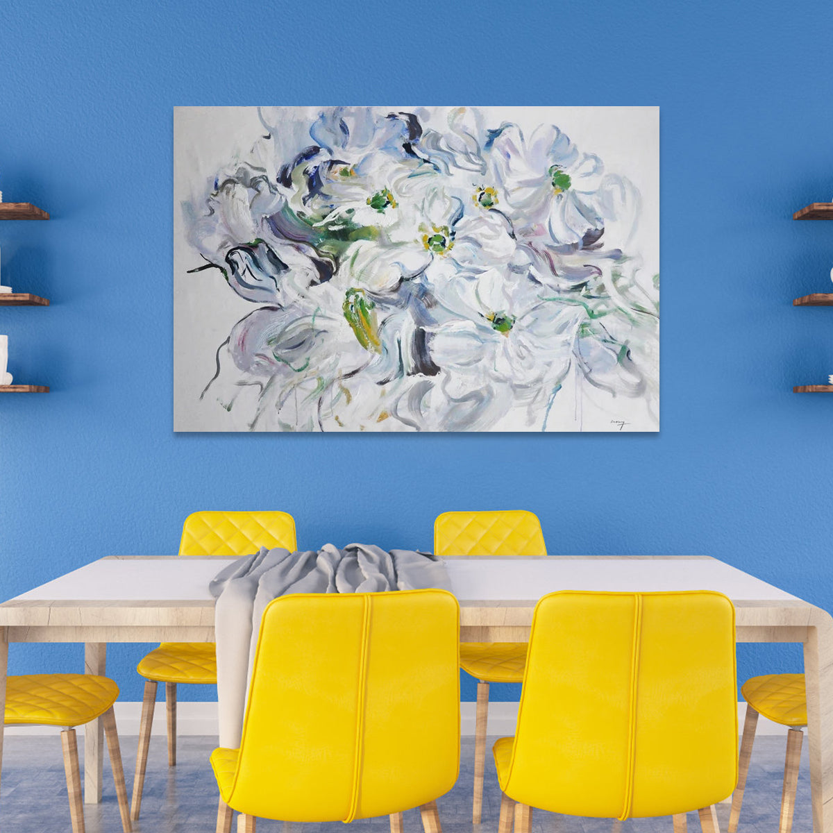 Serene White Blossoms: Elegant Floral Oil Painting for Home Décor