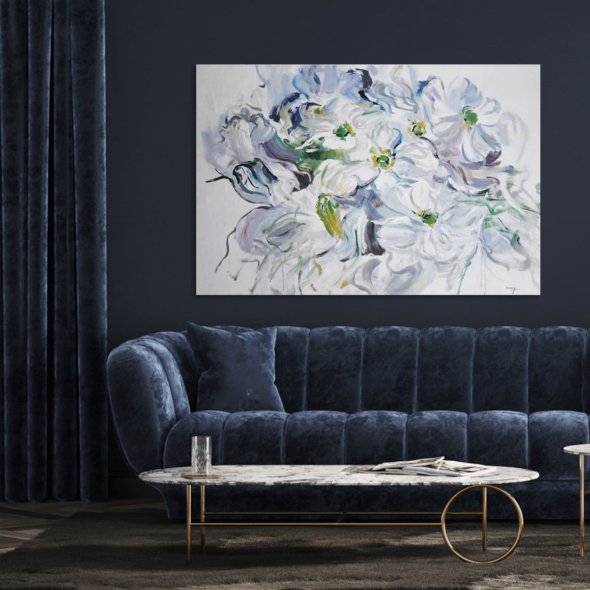 Serene White Blossoms: Elegant Floral Oil Painting for Home Décor