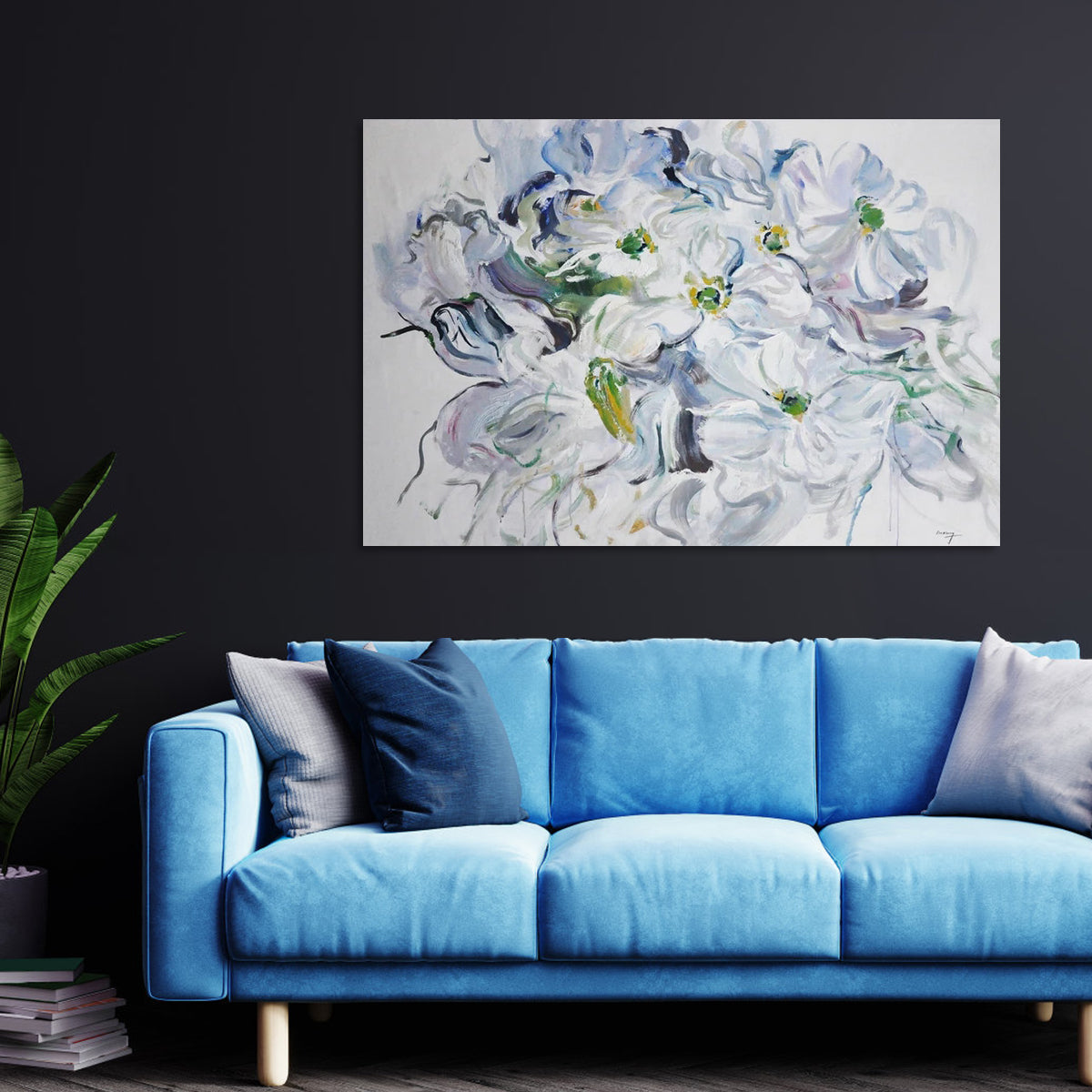 Serene White Blossoms: Elegant Floral Oil Painting for Home Décor
