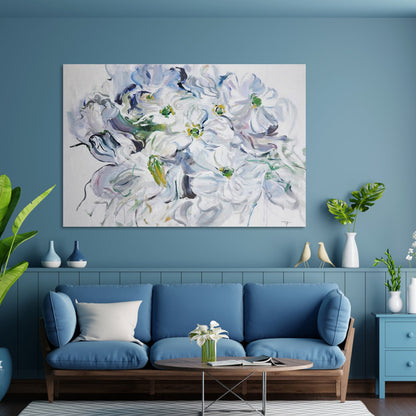 Serene White Blossoms: Elegant Floral Oil Painting for Home Décor