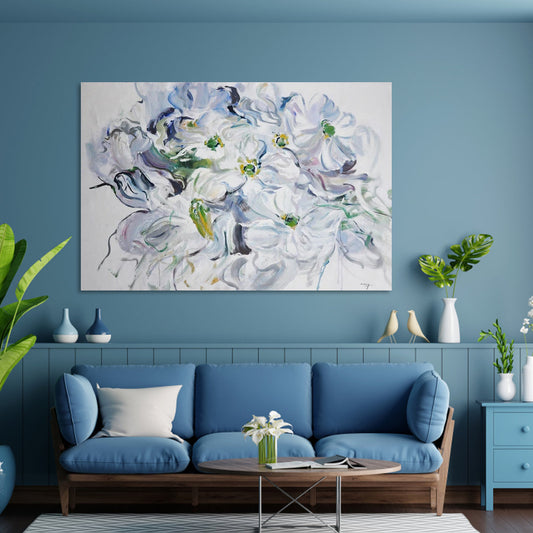 Serene White Blossoms: Elegant Floral Oil Painting for Home Décor
