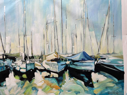 Serene Harbor Scene: Resting Sailboats In Tranquil Waters - Stunning Oil Painting