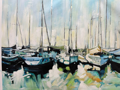 Serene Harbor Scene: Resting Sailboats In Tranquil Waters - Stunning Oil Painting