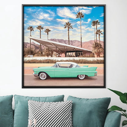 Vintage California Car Scene with Palm Trees and Scenic Mountains