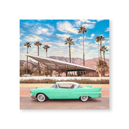 Vintage California Car Scene with Palm Trees and Scenic Mountains