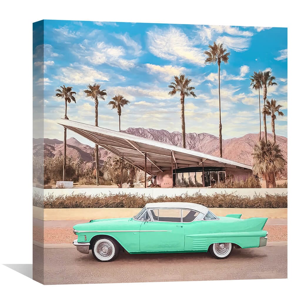 Vintage California Car Scene with Palm Trees and Scenic Mountains