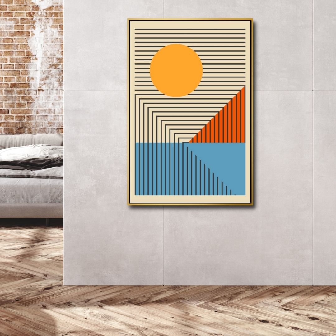 Vibrant Geometric Abstract Oil Painting in Yellow, Orange, and Blue Tones