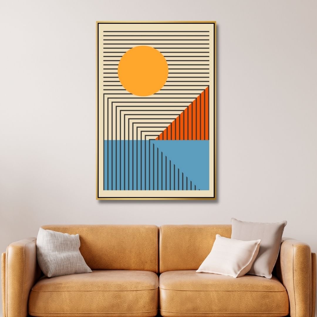 Vibrant Geometric Abstract Oil Painting in Yellow, Orange, and Blue Tones