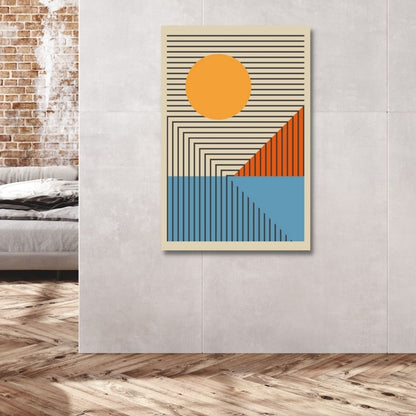 Vibrant Geometric Abstract Oil Painting in Yellow, Orange, and Blue Tones