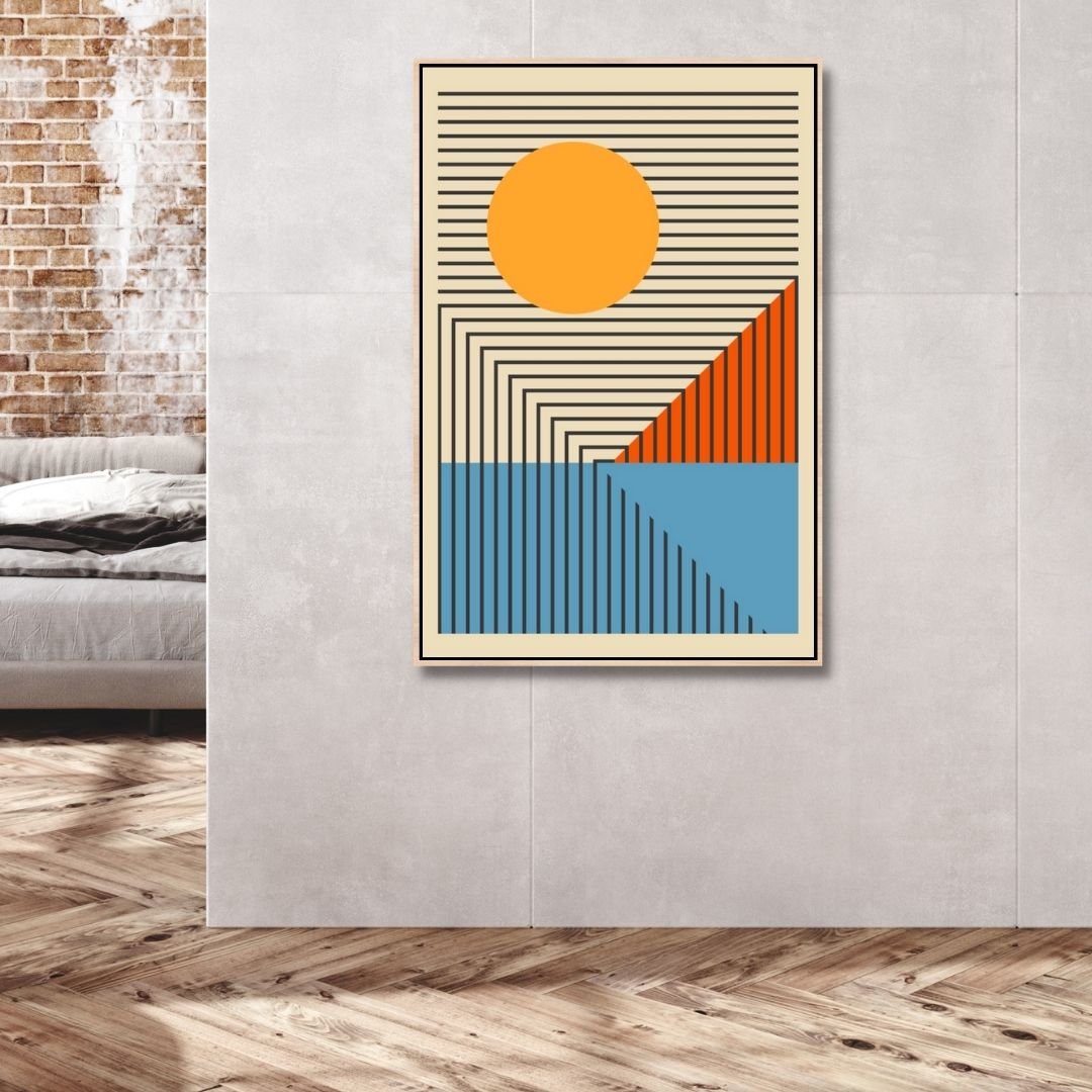 Vibrant Geometric Abstract Oil Painting in Yellow, Orange, and Blue Tones