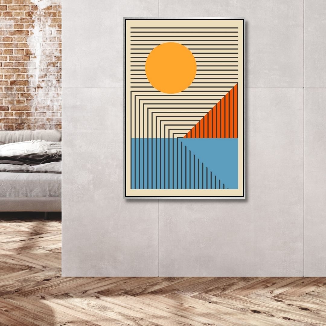 Vibrant Geometric Abstract Oil Painting in Yellow, Orange, and Blue Tones