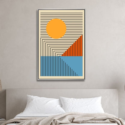 Vibrant Geometric Abstract Oil Painting in Yellow, Orange, and Blue Tones