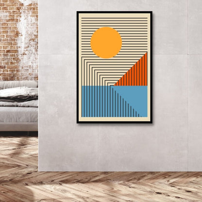 Vibrant Geometric Abstract Oil Painting in Yellow, Orange, and Blue Tones