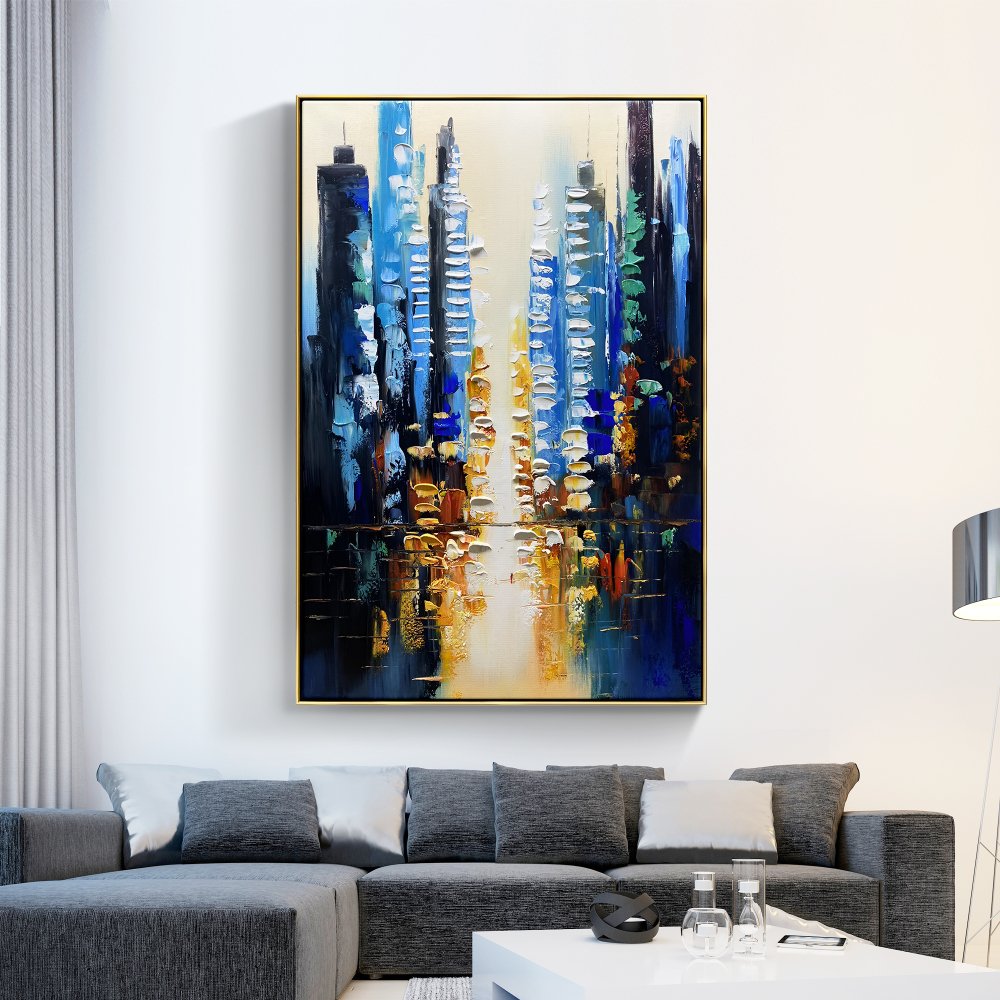 Vibrant Urban Reflections - Contemporary Oil Painting for Modern Home Decor