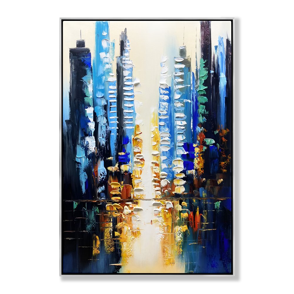 Vibrant Urban Reflections - Contemporary Oil Painting for Modern Home Decor