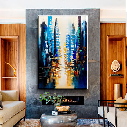 Vibrant Urban Reflections - Contemporary Oil Painting for Modern Home Decor