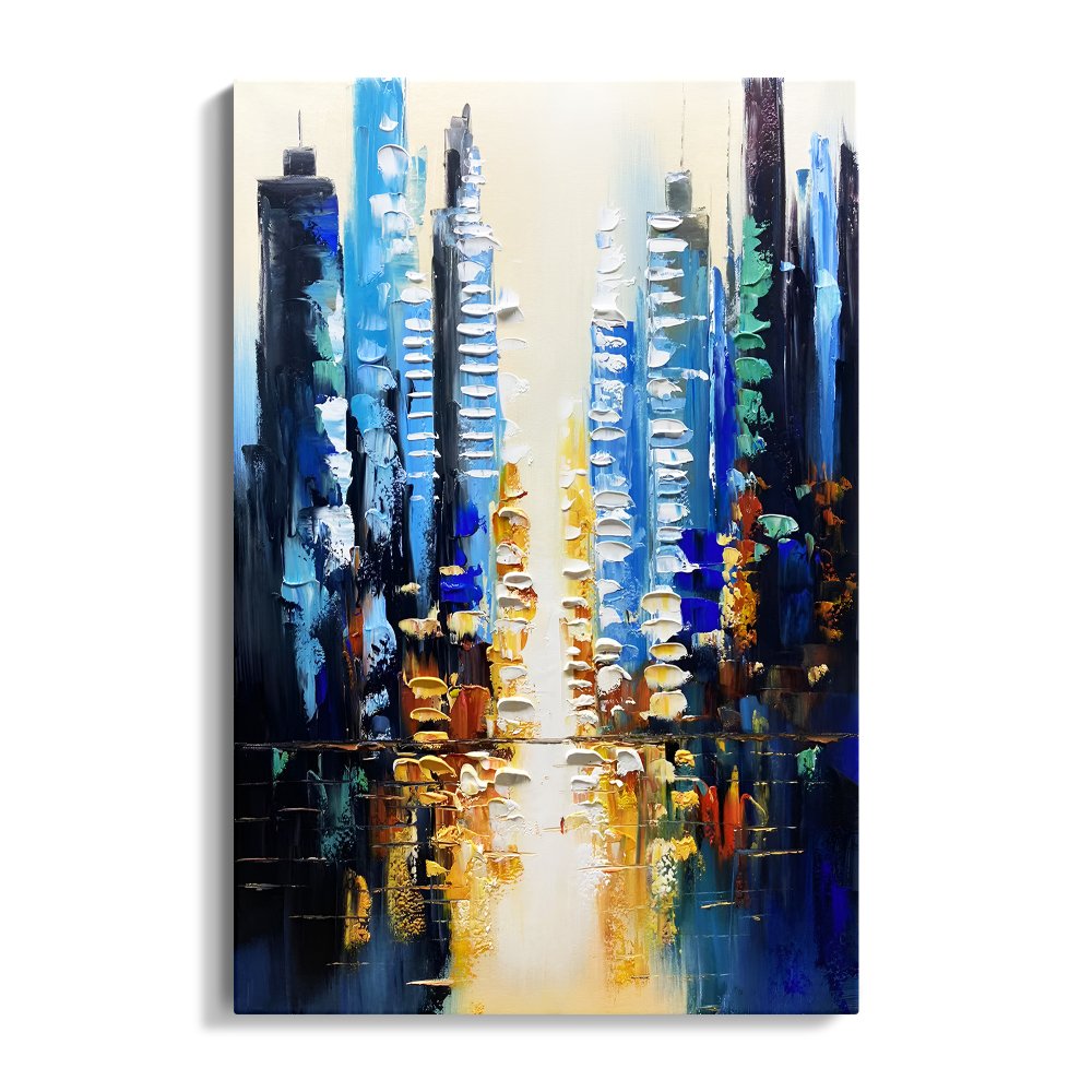 Vibrant Urban Reflections - Contemporary Oil Painting for Modern Home Decor