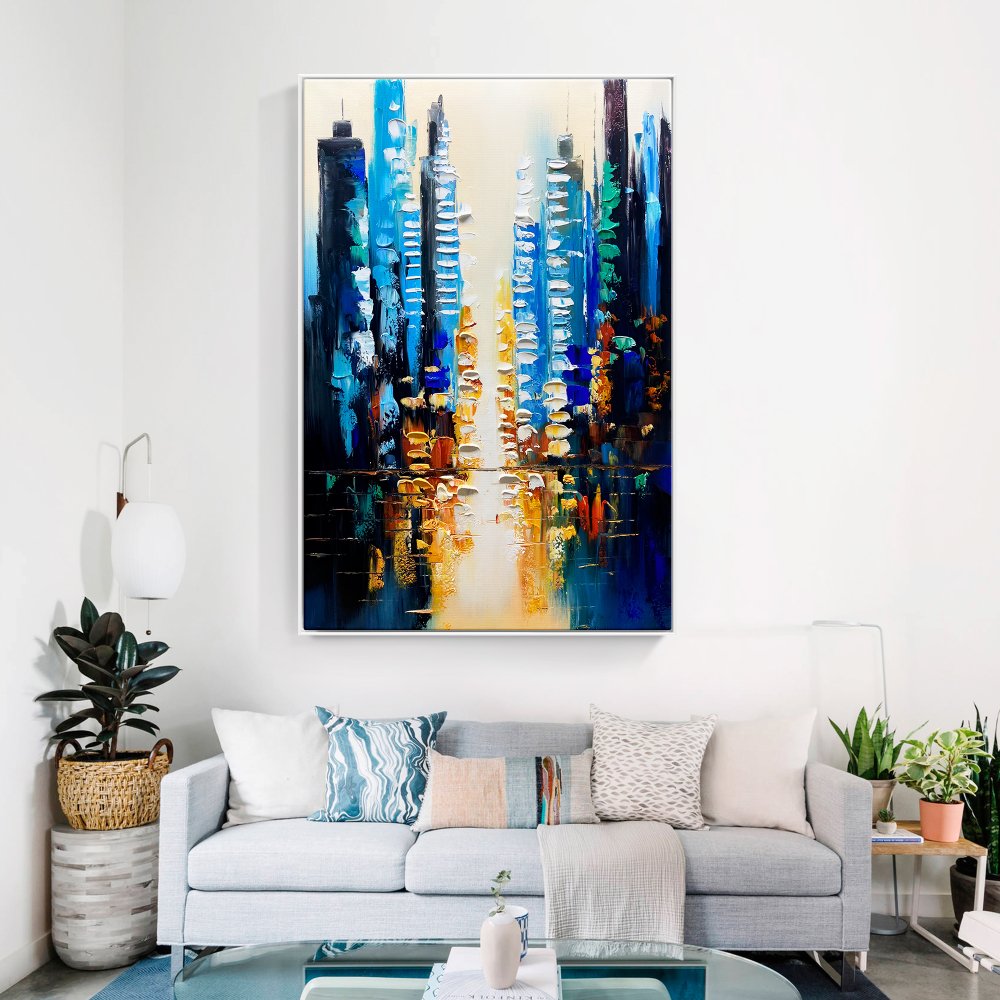 Vibrant Urban Reflections - Contemporary Oil Painting for Modern Home Decor