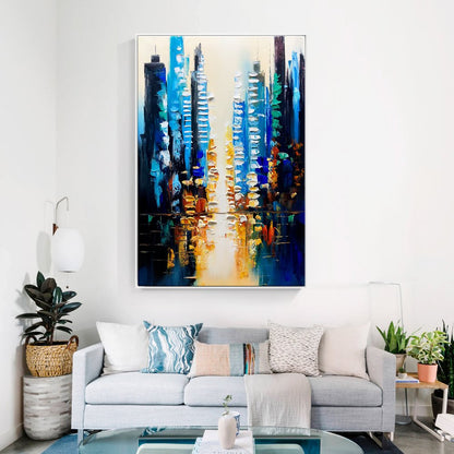 Vibrant Urban Reflections - Contemporary Oil Painting for Modern Home Decor