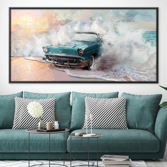 Vintage Convertible Splashing Waves Ocean Sunset Oil Painting