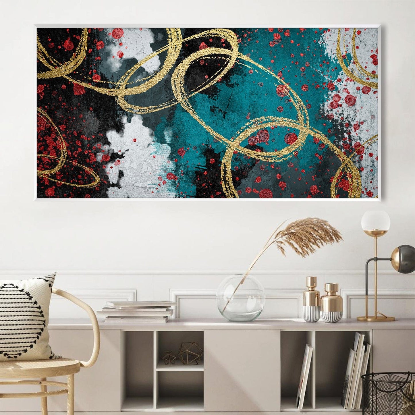 Contemporary Abstract Oil Painting with Gold Rings and Vibrant Colors
