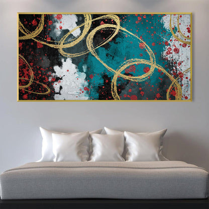 Contemporary Abstract Oil Painting with Gold Rings and Vibrant Colors