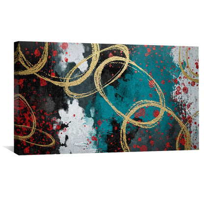 Contemporary Abstract Oil Painting with Gold Rings and Vibrant Colors