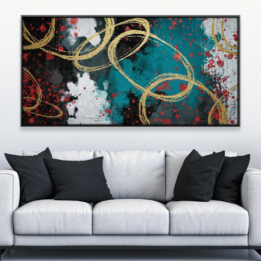 Contemporary Abstract Oil Painting with Gold Rings and Vibrant Colors