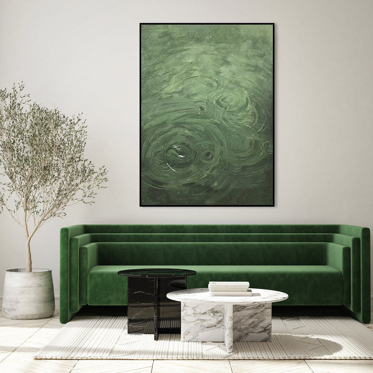 Serene Green Oil Painting with Gentle Ripples and Swirling Texture for Modern Home Decor