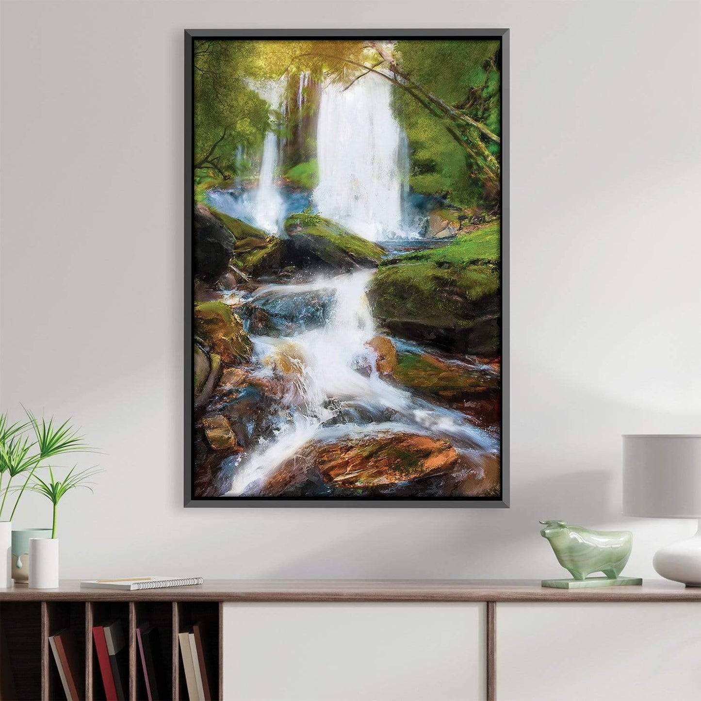 Serene River Waterfall Oil Painting for Tranquil Home Decor
