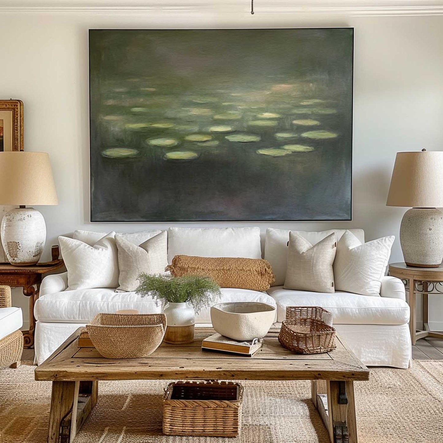 Serene Modern Abstract Oil Painting of Tranquil Water Lilies
