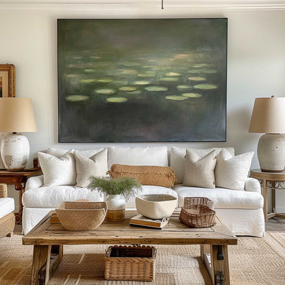 Serene Modern Abstract Oil Painting of Tranquil Water Lilies