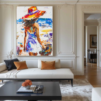 Vibrant Beach Escape: Modern Abstract Oil Painting of a Woman in a Sun Hat