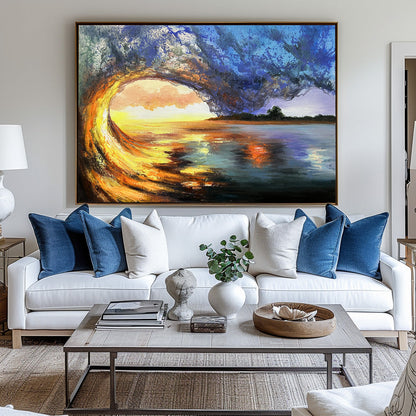 Vibrant Sunset Over Ocean Wave Landscape Oil Painting for Home Decor