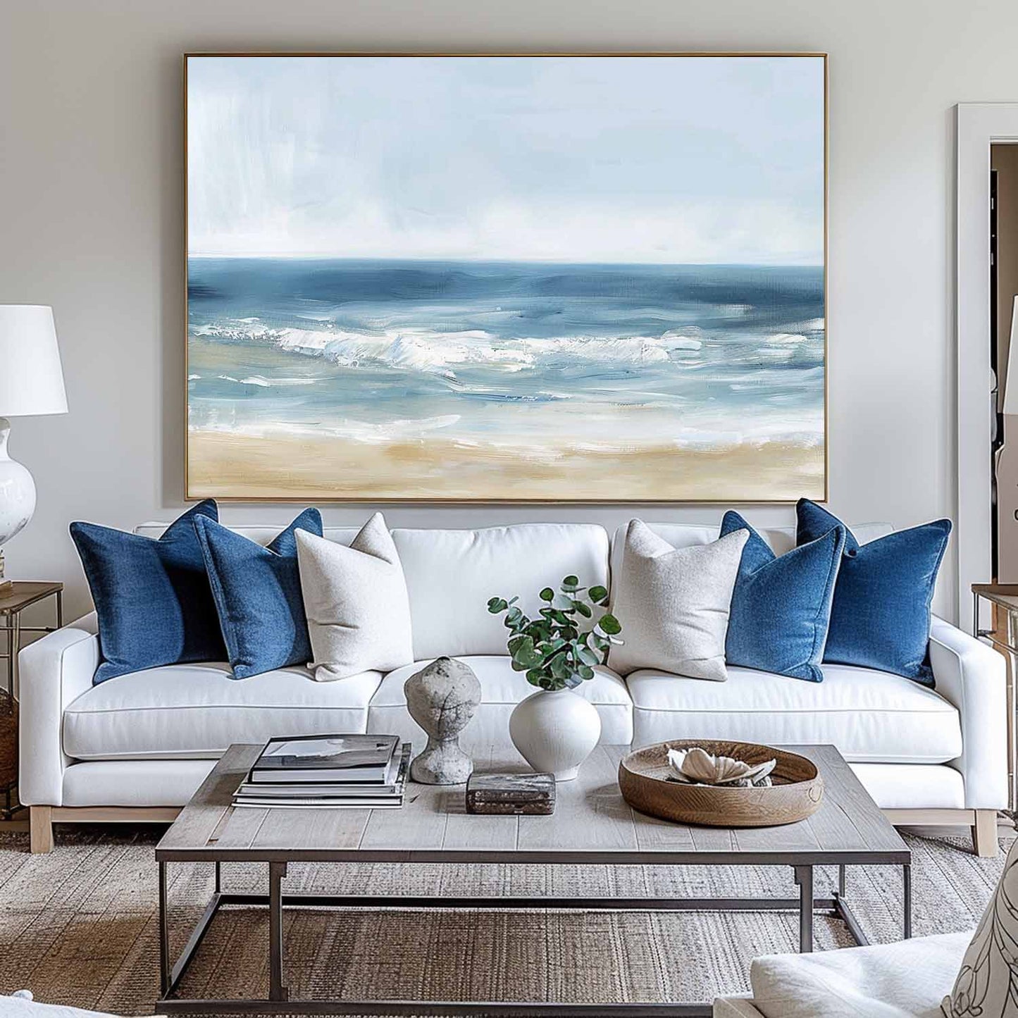 Serene Coastal Oil Painting with Gentle Waves and Soft Sand Shoreline