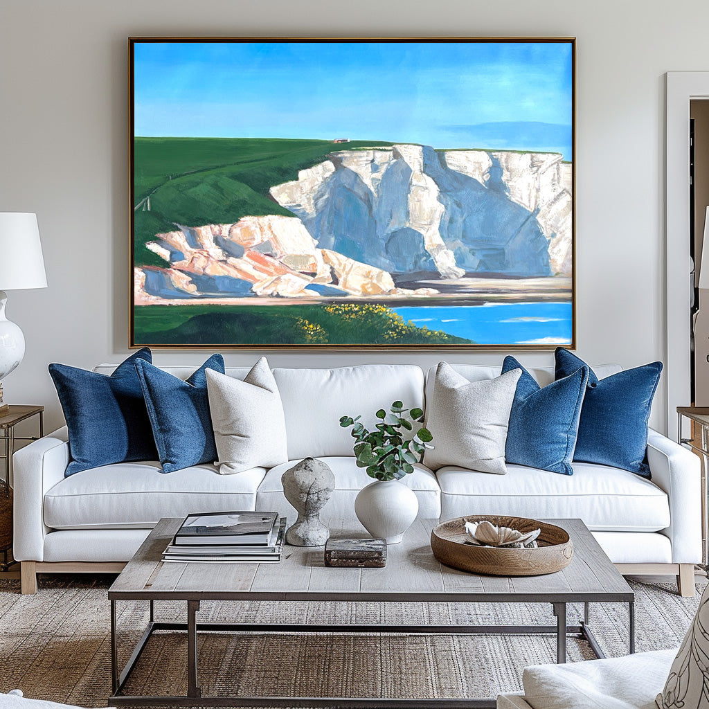 Coastal Bliss: Exquisite Oil Painting of Serene Cliffs and Tranquil Waters