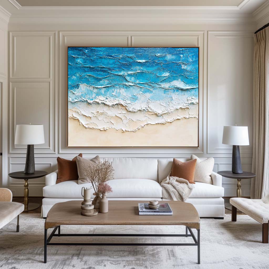 Tranquil Coastal Waves Oil Painting for Beach House Decor