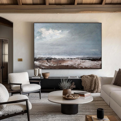 Abstract Seaside Landscape Oil Painting for Coastal Home Decor
