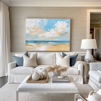 Tranquil Beach Painting with Serene Blue Sky and Gentle Waves