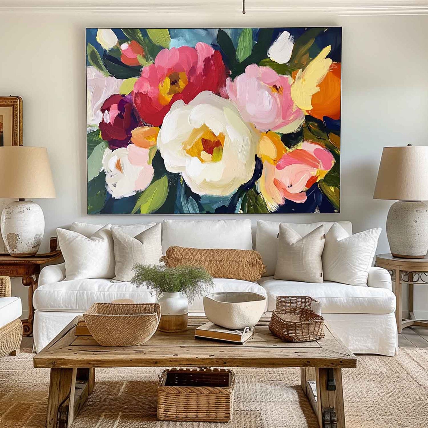 Vibrant Floral Oil Painting: Bold Colors and Modern Abstract Art for Home Decor