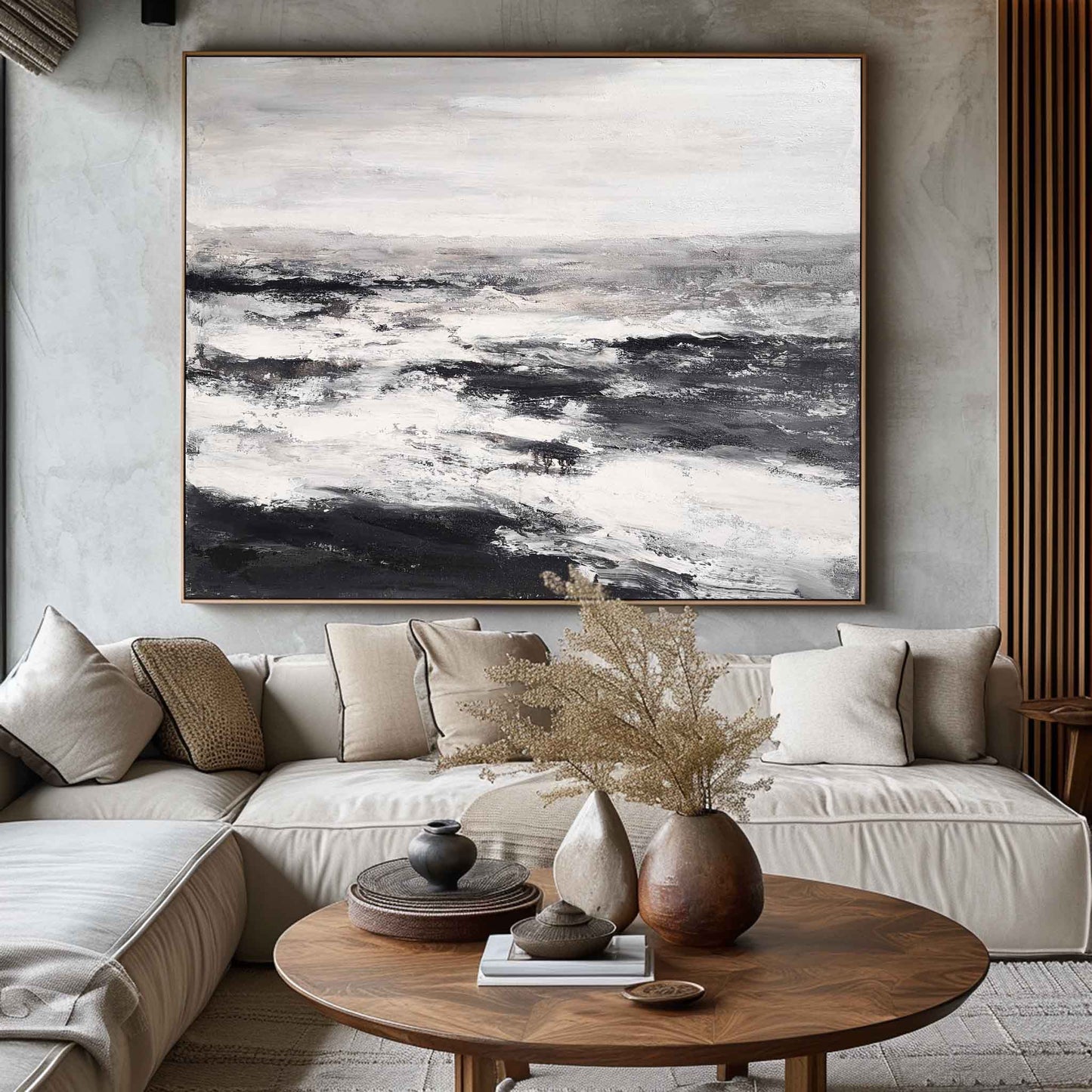 Monochrome Coastal Serenity: Abstract Black and White Beach Oil Painting