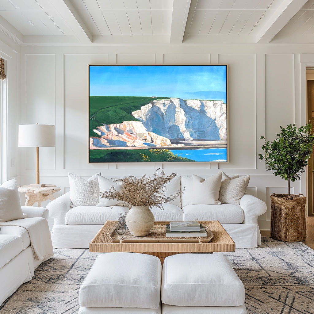 Coastal Bliss: Exquisite Oil Painting of Serene Cliffs and Tranquil Waters
