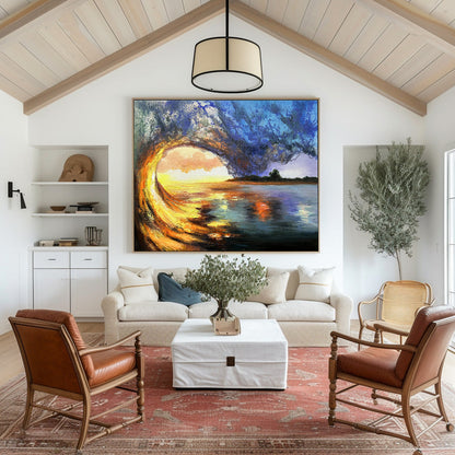 Vibrant Sunset Over Ocean Wave Landscape Oil Painting for Home Decor